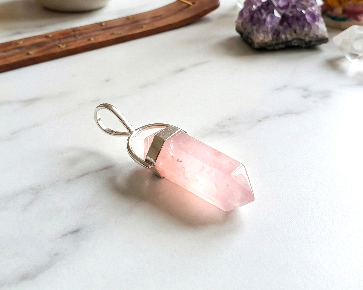 Pingente de Quartzo Rosa em Prata