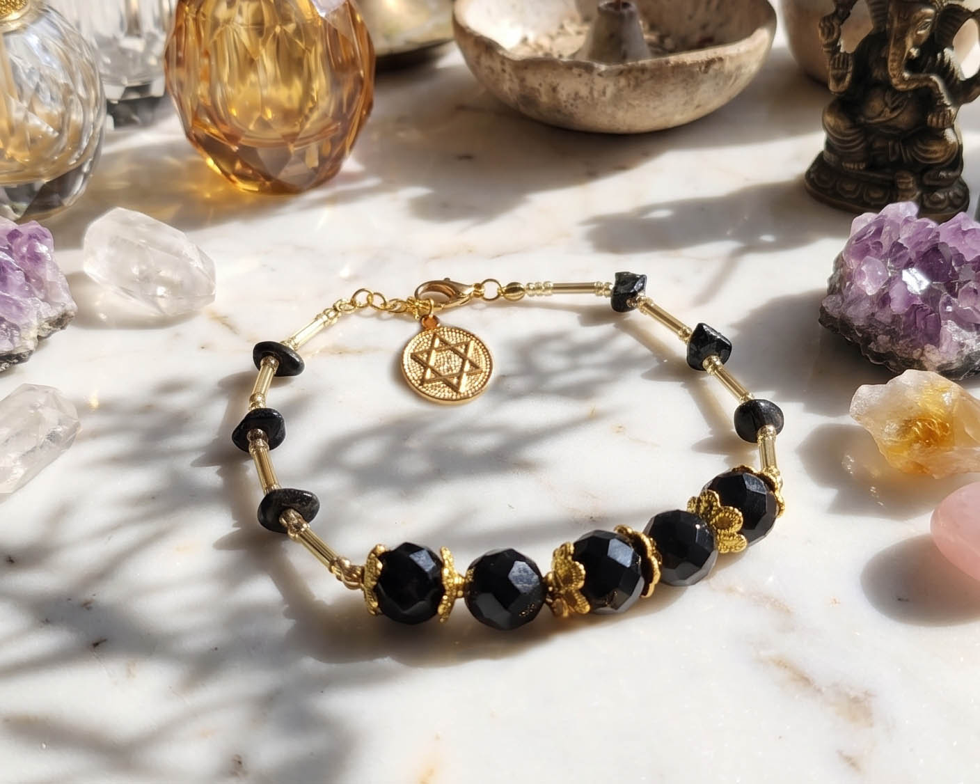 Pulseira de Proteção de Nox (Ágata Negra,Hematita e Obsidiana Flocos)