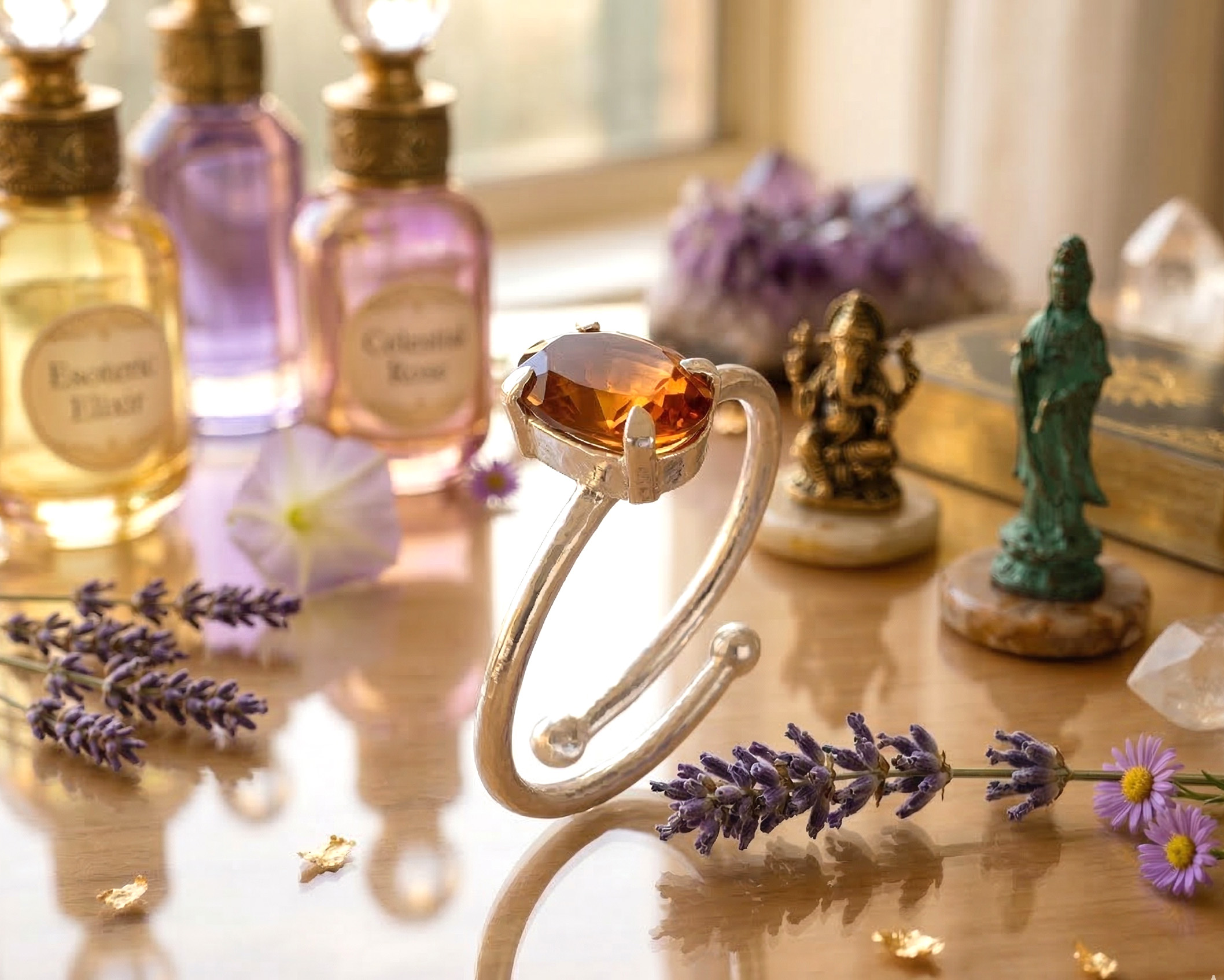 Anel de Citrino em Prata (ajust&aacute;vel)