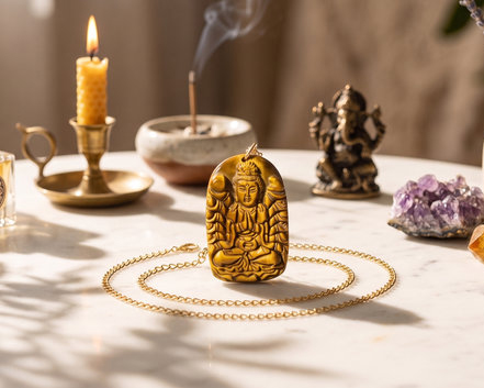 Colar de Buda em Olho de Tigre em A&ccedil;o Inox Dourado