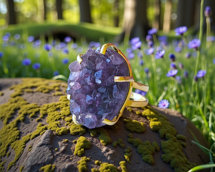 Anel Drusa de Ametista Banhado a Ouro (Ajustável)