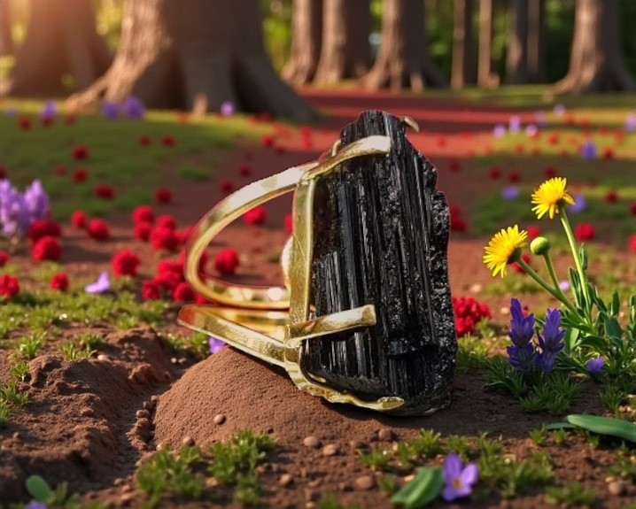 Anel de Turmalina Negra Banhado a Ouro (Ajustável)