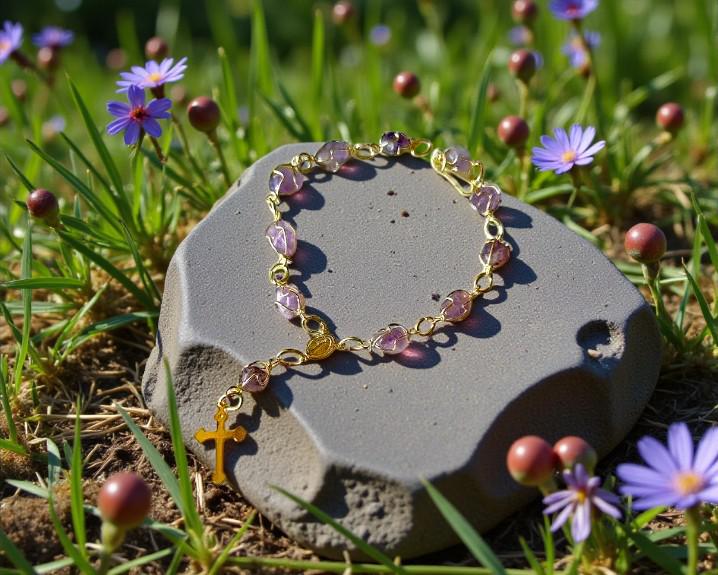 Pulseira Terço de Ametista Banhada a Ouro