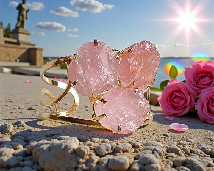 Bracelete de Quartzo Rosa Banhado a Ouro