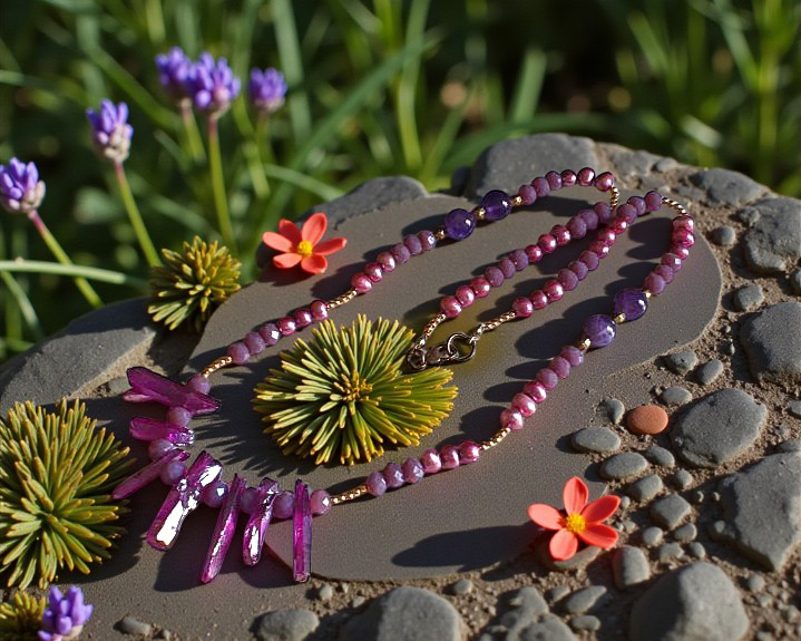 Colar Cartomante Cigana (Quartzo Aura, Ametista e Pérolas Roxas)