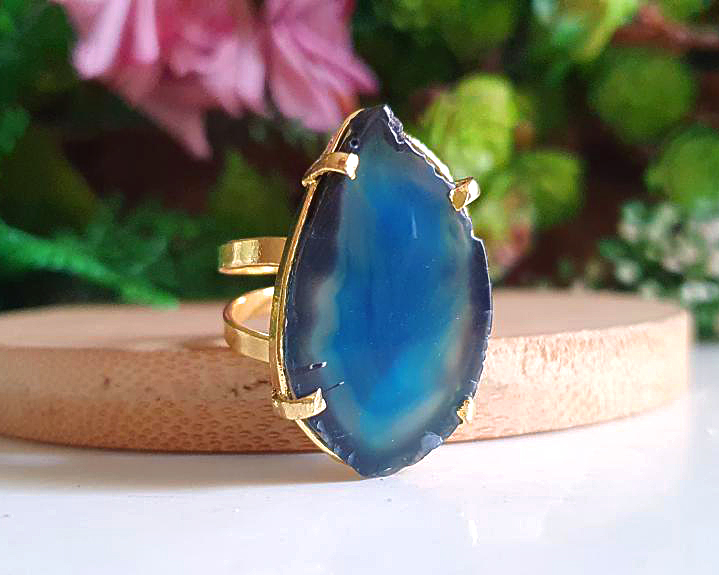 Anel de Ágata Banhado a Ouro (Ajustável)