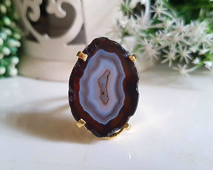 Anel de Ágata Banhado a Ouro (Ajustável)