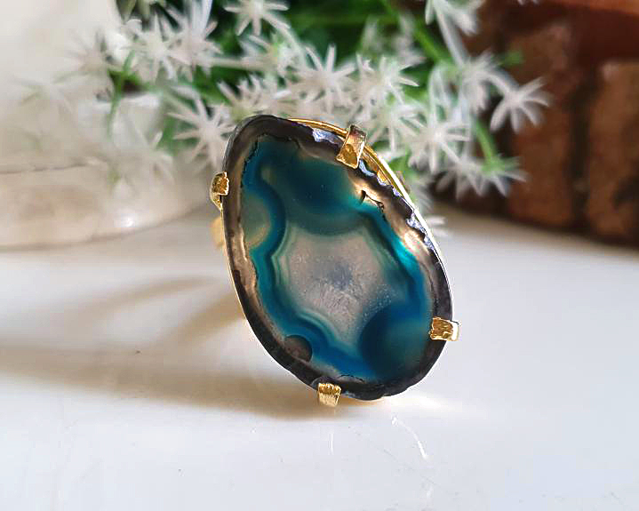 Anel de Ágata Banhado a Ouro (Ajustável)