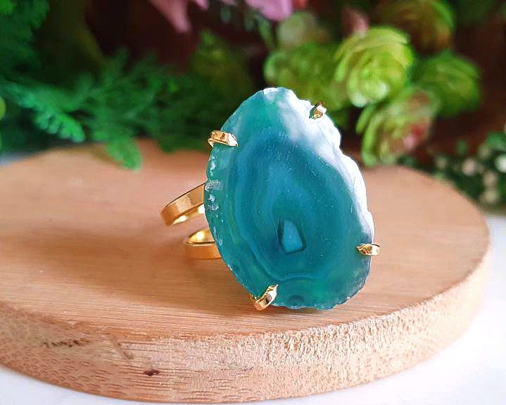 Anel de Ágata Banhado a Ouro (Ajustável)