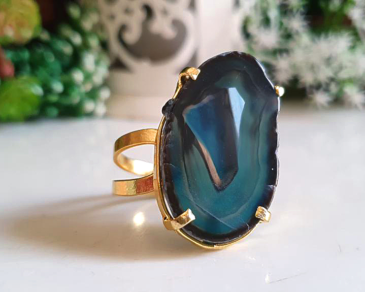 Anel de Ágata Banhado a Ouro (Ajustável)