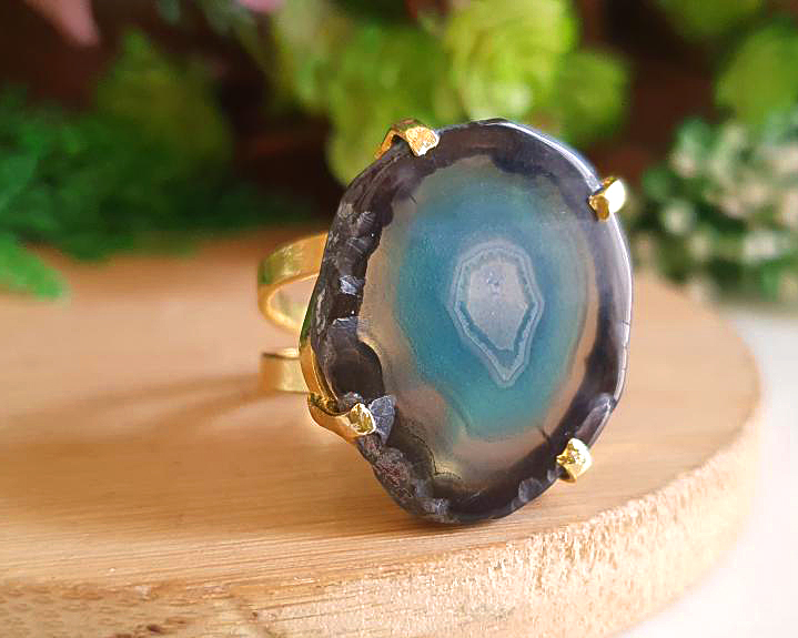 Anel de Ágata Banhado a Ouro (Ajustável)