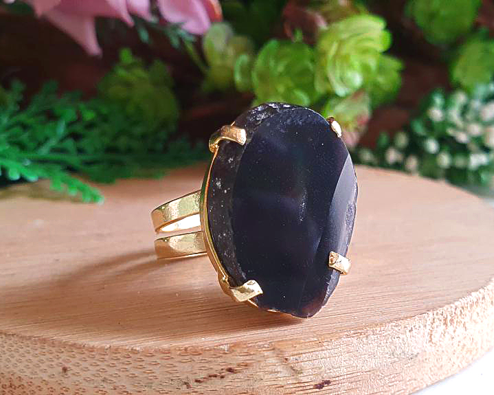 Anel de Ágata Banhado a Ouro (Ajustável)