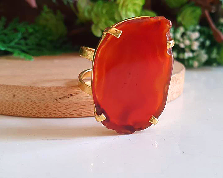 Anel de Ágata Banhado a Ouro (Ajustável)