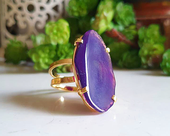 Anel de Ágata Banhado a Ouro (Ajustável)