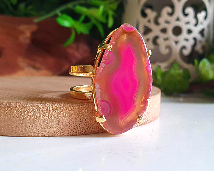 Anel de Ágata Banhado a Ouro (Ajustável)