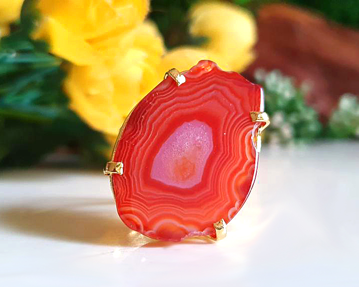 Anel de Ágata Banhado a Ouro (Ajustável)