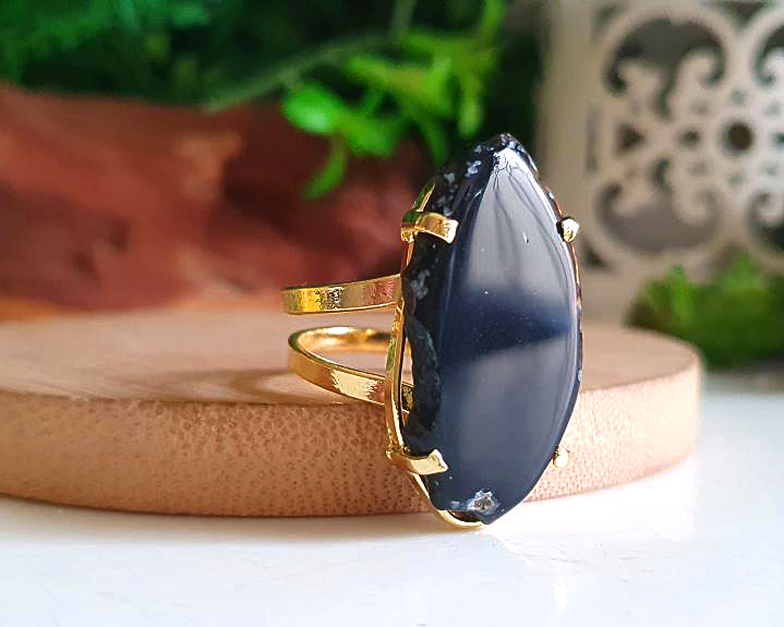 Anel de Ágata Banhado a Ouro (Ajustável)