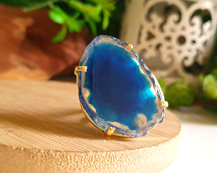 Anel de Ágata Banhado a Ouro (Ajustável)