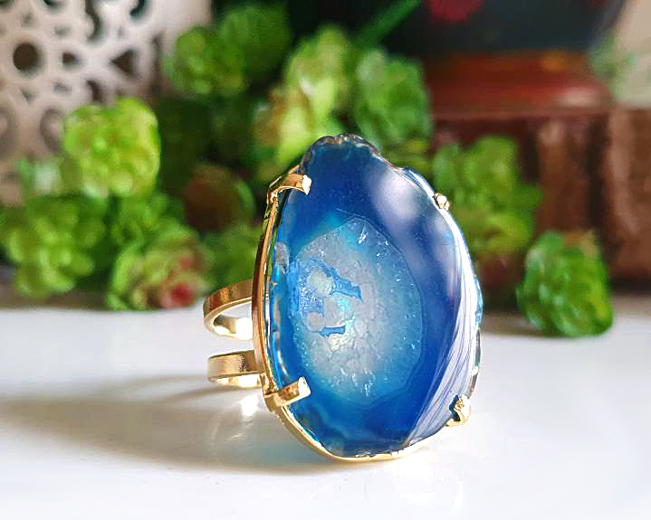 Anel de Ágata Banhado a Ouro (Ajustável)