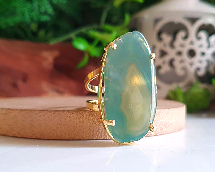 Anel de Ágata Banhado a Ouro (Ajustável)