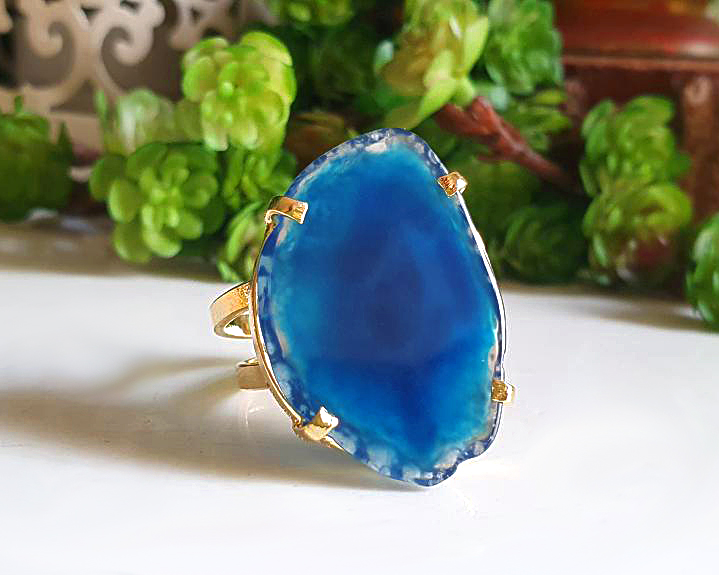 Anel de Ágata Banhado a Ouro (Ajustável)