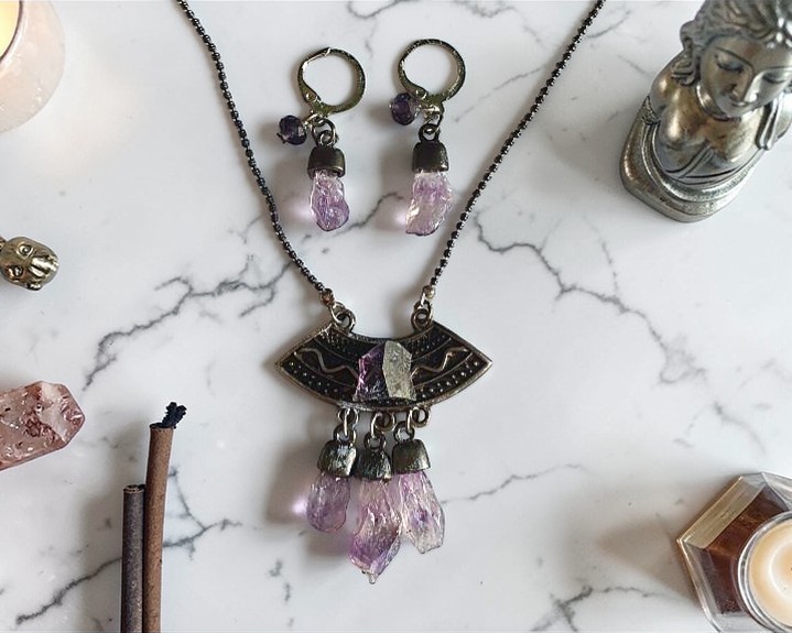 Conjunto Colar e Brincos de Ametista Bruta