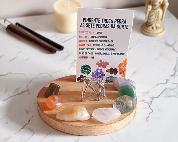 Pingente Relicário com as Sete Pedras da Sorte Banhado a Prata