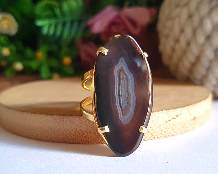 Anel de Ágata Banhado a Ouro (Ajustável)