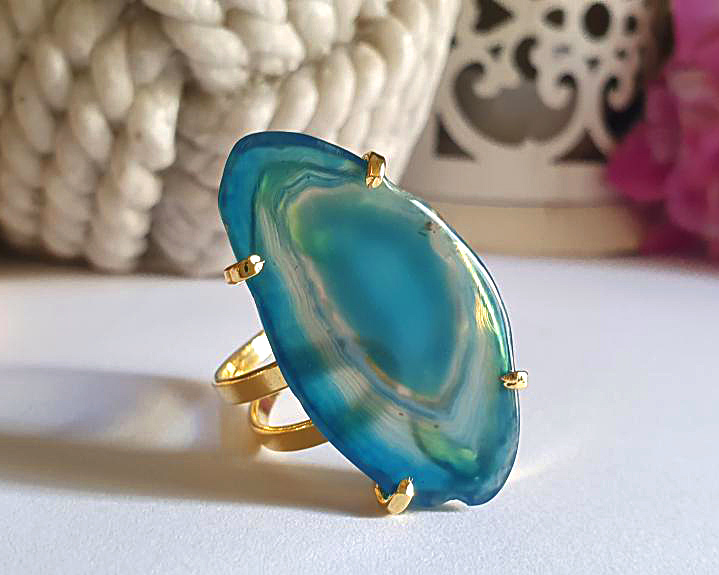 Anel de Ágata Banhado a Ouro (Ajustável)