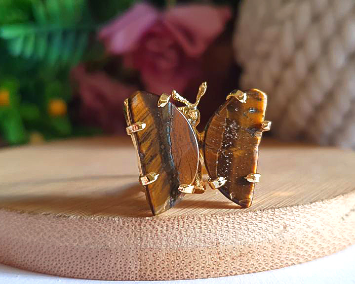 Anel de Olho de Tigre Banhado a Ouro (Ajustável)
