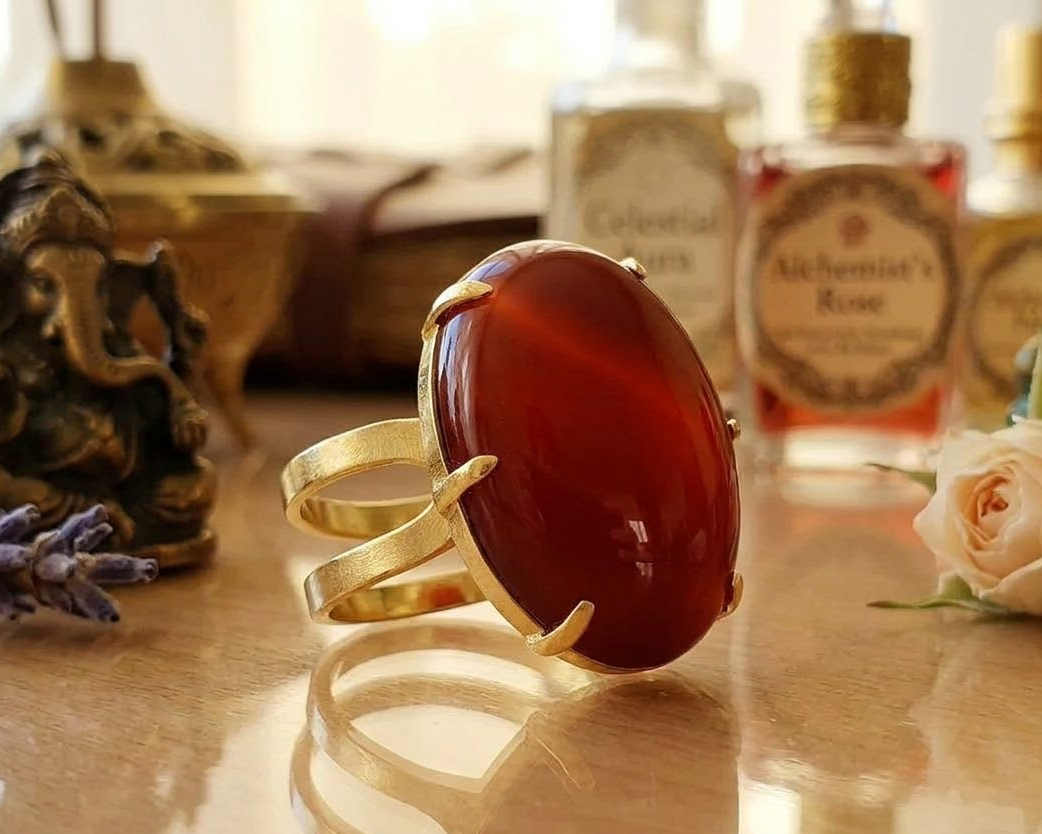 Anel de Ágata Banhado a Ouro (Ajustável)
