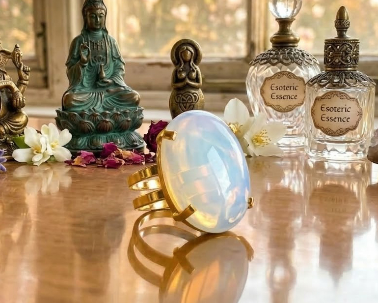 Anel de Opalina Banhado a Ouro (ajust&aacute;vel)